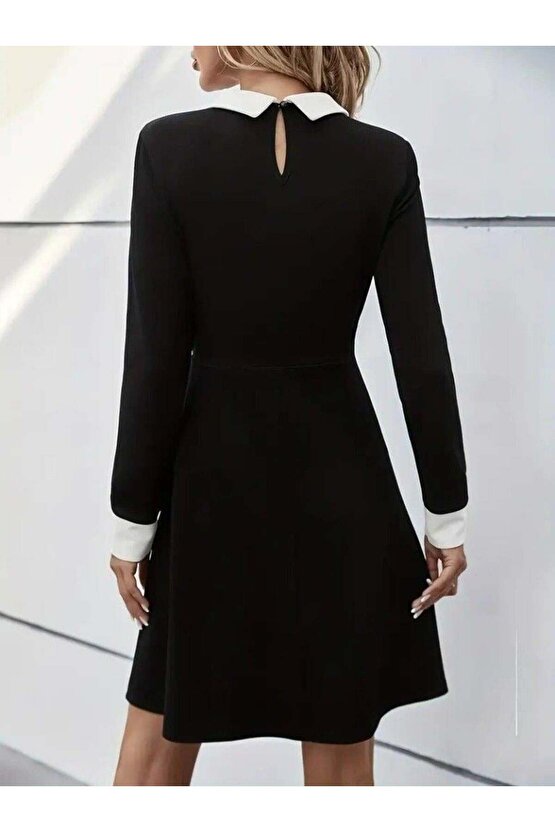 Kadın Uzun Kollu Yakalı Düğmeli Kısa Modal Mini Elbise