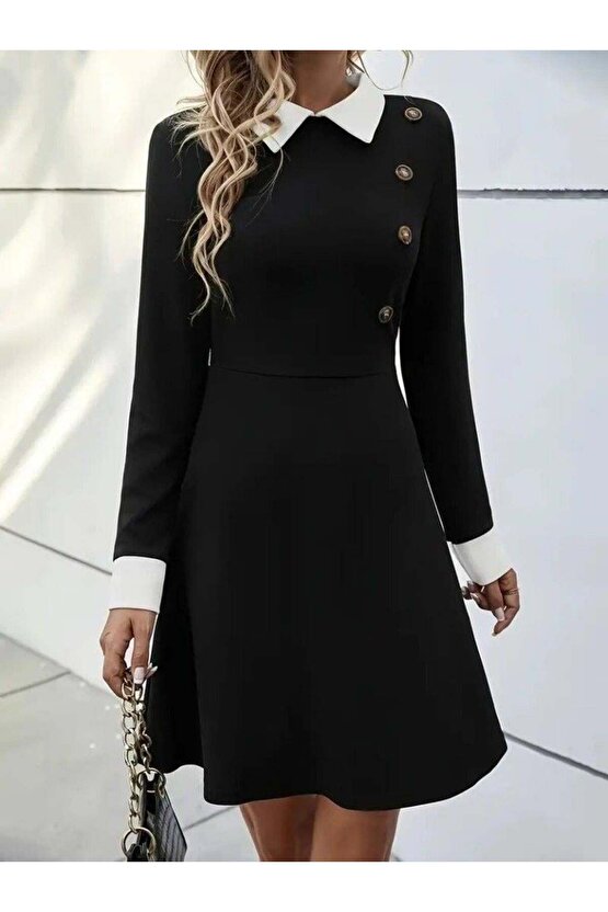 Kadın Uzun Kollu Yakalı Düğmeli Kısa Modal Mini Elbise