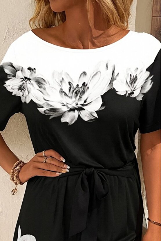 MDB Kadın Tek Omuzu Açık çiçek Desenli Beli Kuşaklı Iki Iplik Mini Short Tulum