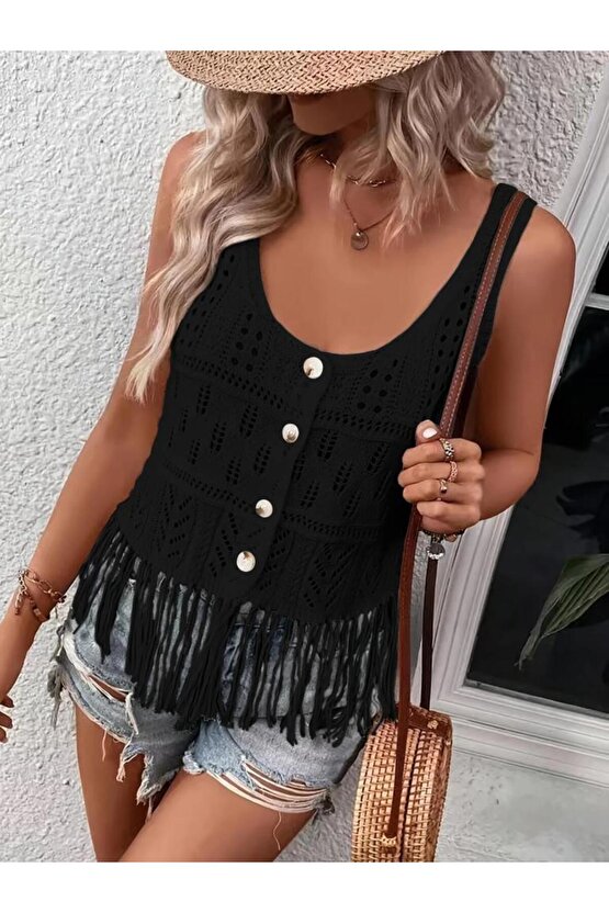 Kadın askılı yuvarlak yaka önden düğmeli püsküllü triko bluz