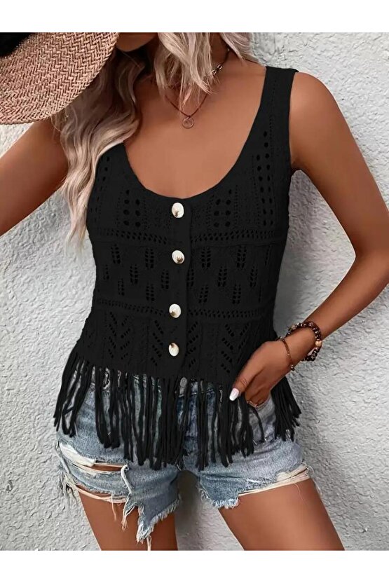 Kadın askılı yuvarlak yaka önden düğmeli püsküllü triko bluz