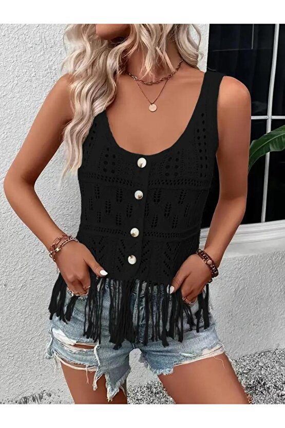 Kadın askılı yuvarlak yaka önden düğmeli püsküllü triko bluz