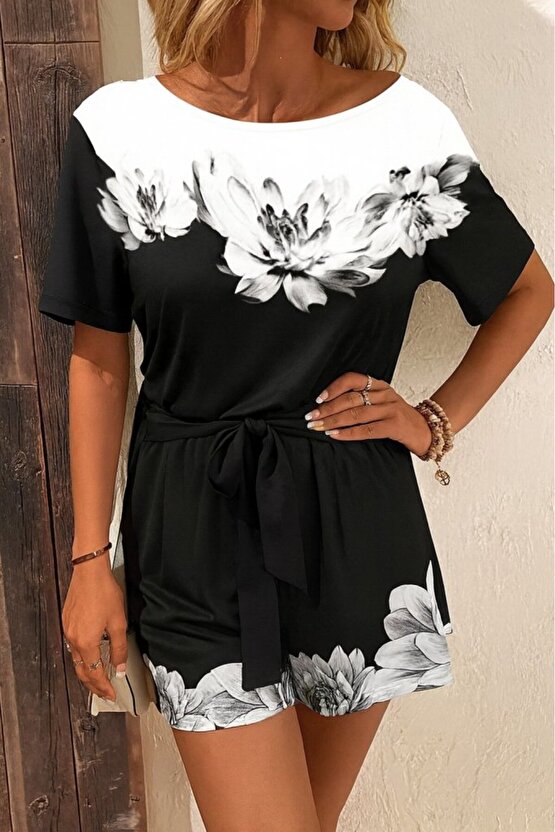 MDB Kadın Tek Omuzu Açık çiçek Desenli Beli Kuşaklı Iki Iplik Mini Short Tulum