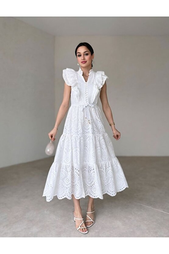 Gökyüzü Moda Beyaz Fırfırlı Düğmeli Elbise