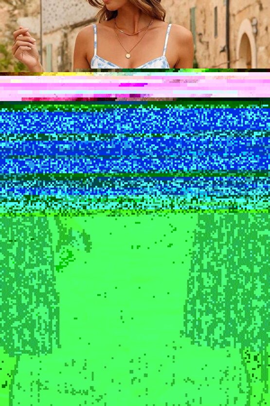 Kadın Sıfır Kol Askılı Dekolteli Yırtmaç Detay çiçek Baskılı Süprem Midi Elbise