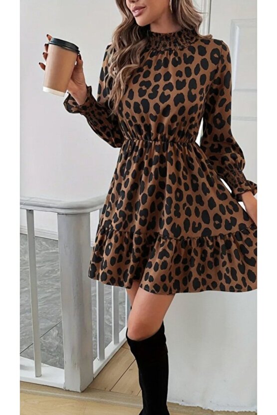 Kadın Uzun Kollu Yarı Balıkçı Yaka Leopar Desenli Modal Mini Elbise