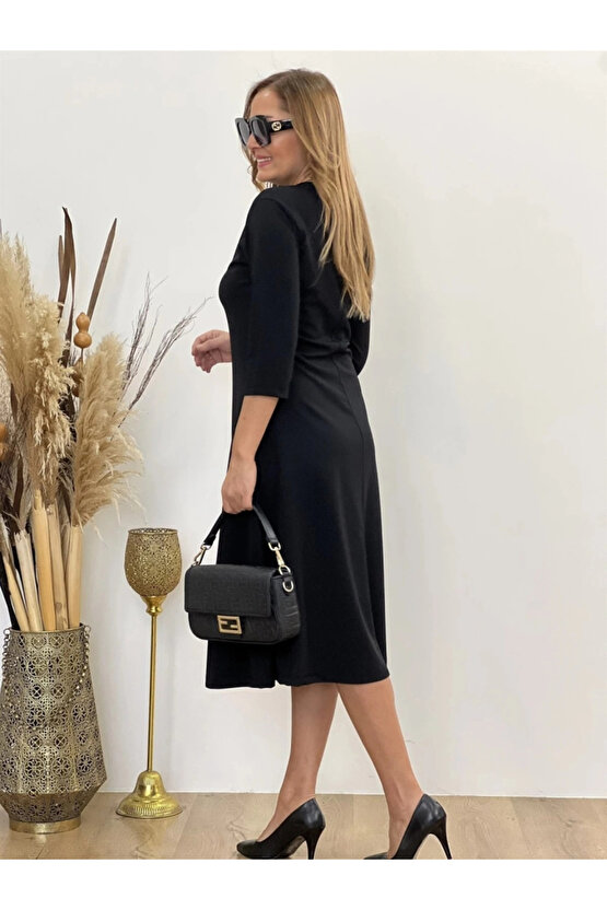 MDB Kadın Uzun Truvakar Kol Bisiklet Yaka Midi Modal Elbise