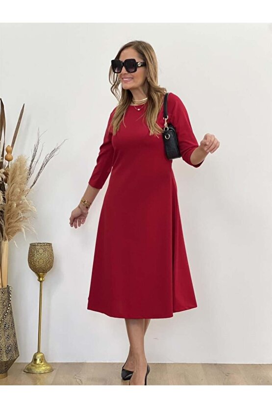 Kadın Uzun Truvakar Kol Bisiklet Yaka Midi Modal Elbise