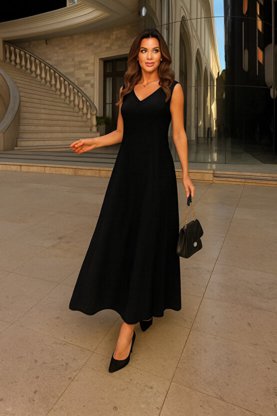 Kadın Kolsuz V Yakalı Maksi Boy Ithal Keten Elbise