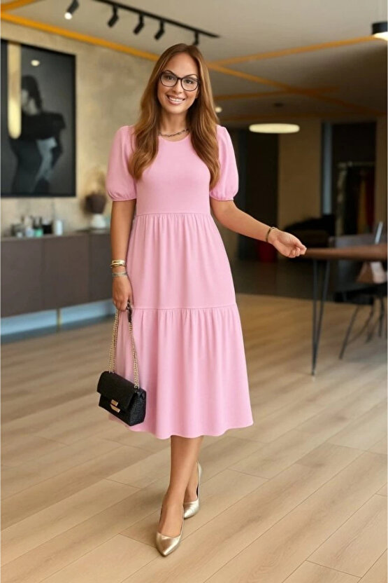 Kadın Kısa Kollu Yakası Açık Katlı Bürümcük Balon Elbise