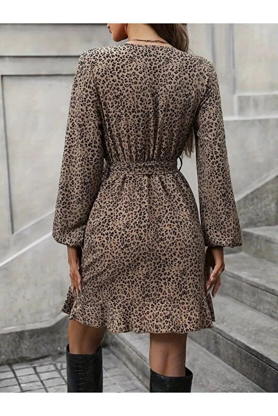 MDB Kadın Uzun Kollu Kruvaze Yakalı Kuşaklı Desenli Kısa Modal Mini Elbise
