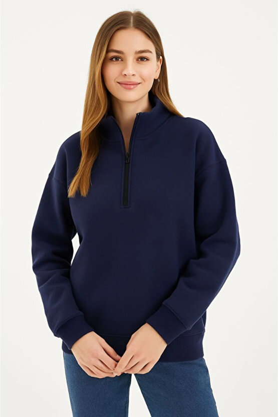 EQURİ Üç İplik Dık Yaka Yarım Fermuarlı SweatShirt - Lacivert
