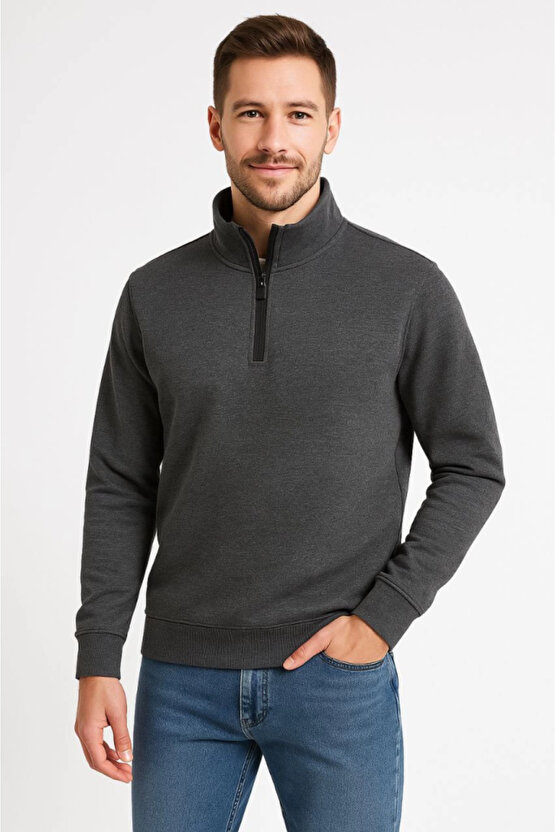 EQURİ Erkek Dik Yaka Sweatshirt Dik Yaka Yarım Fermuarlı 3 İplik Şardonlu Pamuk Kumaş - Antrasit