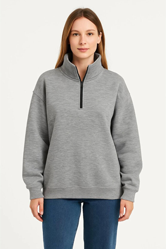 EQURİ Üç İplik Dık Yaka Yarım Fermuarlı SweatShirt - Gri