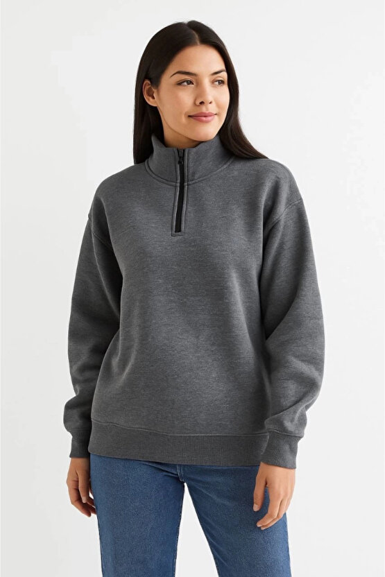 Üç İplik Dık Yaka Yarım Fermuarlı SweatShirt - Antrasit