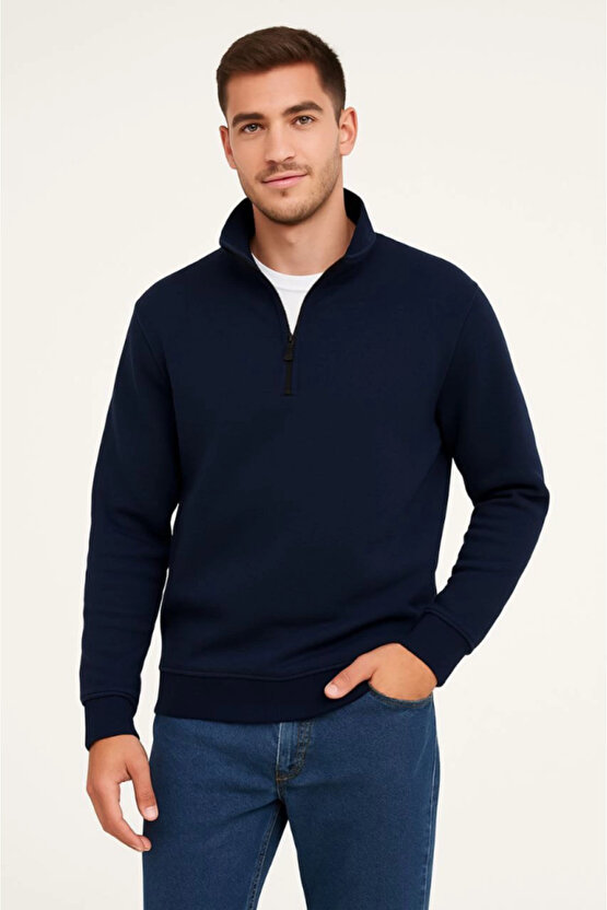 EQURİ Erkek Dik Yaka Sweatshirt Dik Yaka Yarım Fermuarlı 3 İplik Şardonlu Pamuk Kumaş - Lacivert