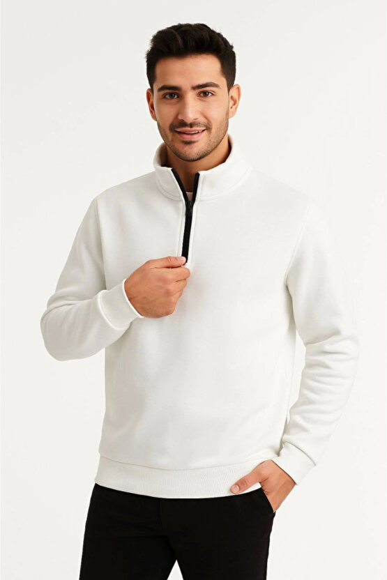 EQURİ Erkek Dik Yaka Sweatshirt Dik Yaka Yarım Fermuarlı 3 İplik Şardonlu Pamuk Kumaş - Beyaz