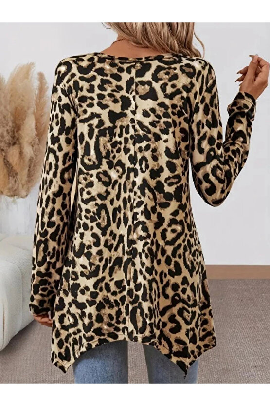 MDB Kadın Uzun Kollu Bisiklet Yaka Leopar Desenli Süprem Bluz