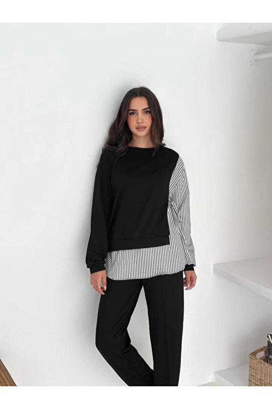 Modest Siyah Gömlek Detay Çizgili Yandan Bağlamalı Kadın Bluz ve Pantolon 2li Takım