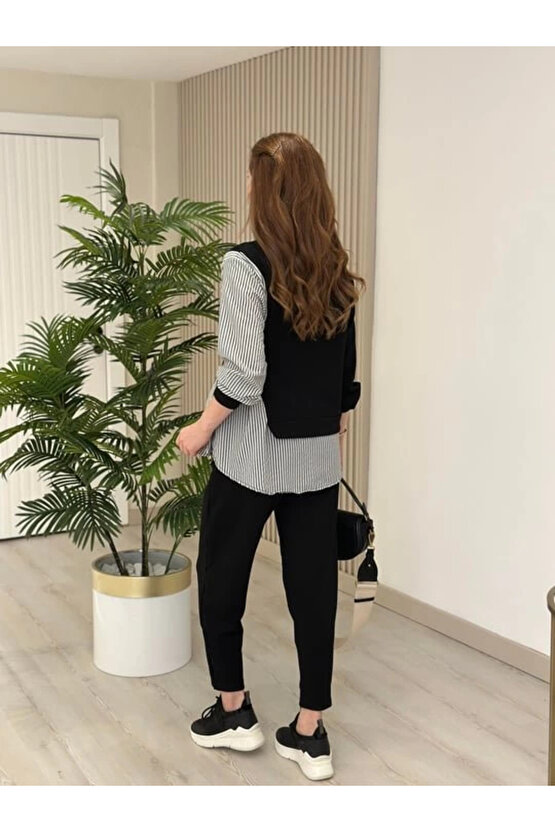 Modest Siyah Gömlek Detay Çizgili Yandan Bağlamalı Kadın Bluz ve Pantolon 2li Takım