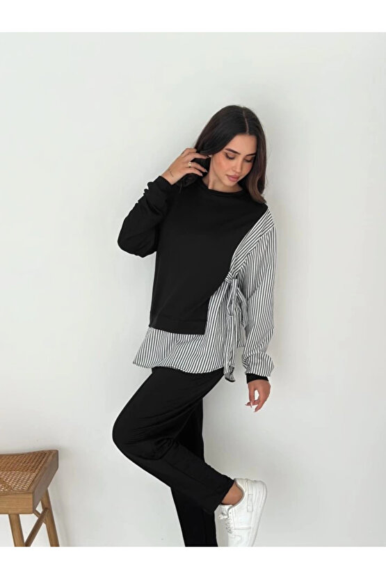 Modest Siyah Gömlek Detay Çizgili Yandan Bağlamalı Kadın Bluz ve Pantolon 2li Takım