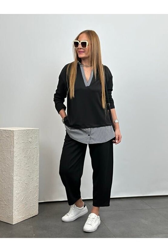 Polo Yaka Gömlek Detay Salaş Balon Pantolunlu ıkılı Takım