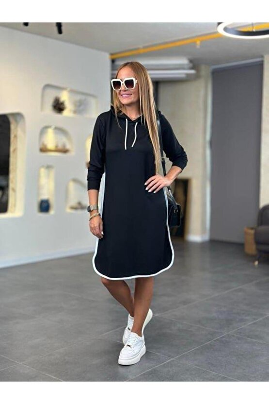 Kadın Uzun Kollu Kapüşon Ve Ribana Detay Diz üstü Elbise