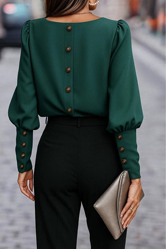 Kadın Uzun Kollu Yuvarlak Yakalı Düğmeli Ithal Krep Bluz