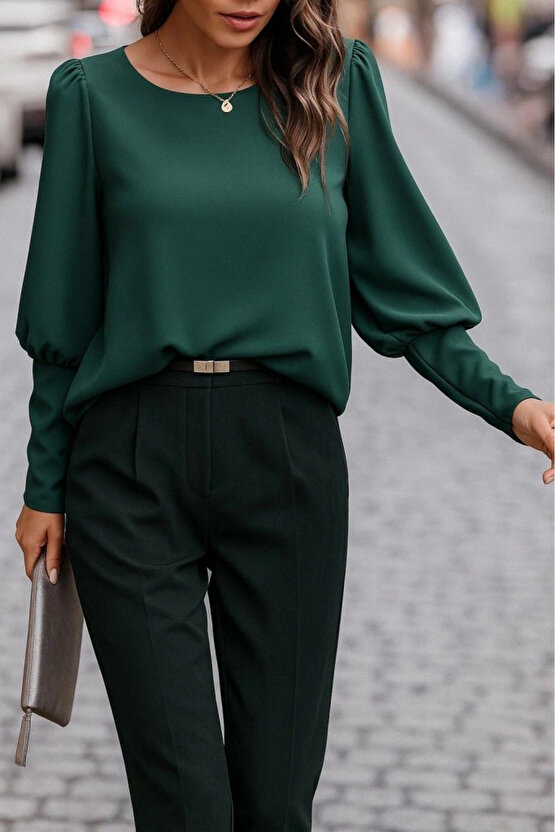 Kadın Uzun Kollu Yuvarlak Yakalı Düğmeli Ithal Krep Bluz