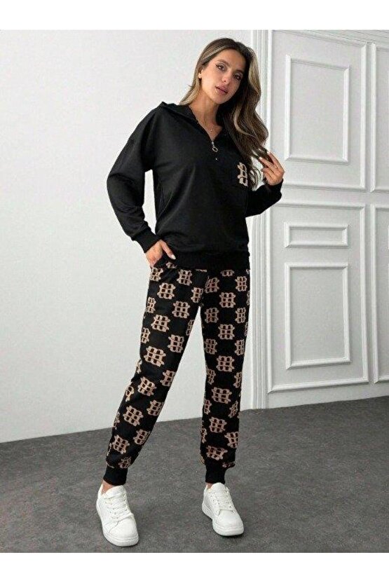 Kadın Uzun Kollu Iki Iplik Kumaş Fermuar Ve Cep Detay Kapüşonlu Ikili Takım