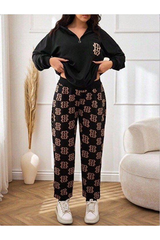 Kadın Uzun Kollu Iki Iplik Kumaş Fermuar Ve Cep Detay Kapüşonlu Ikili Takım