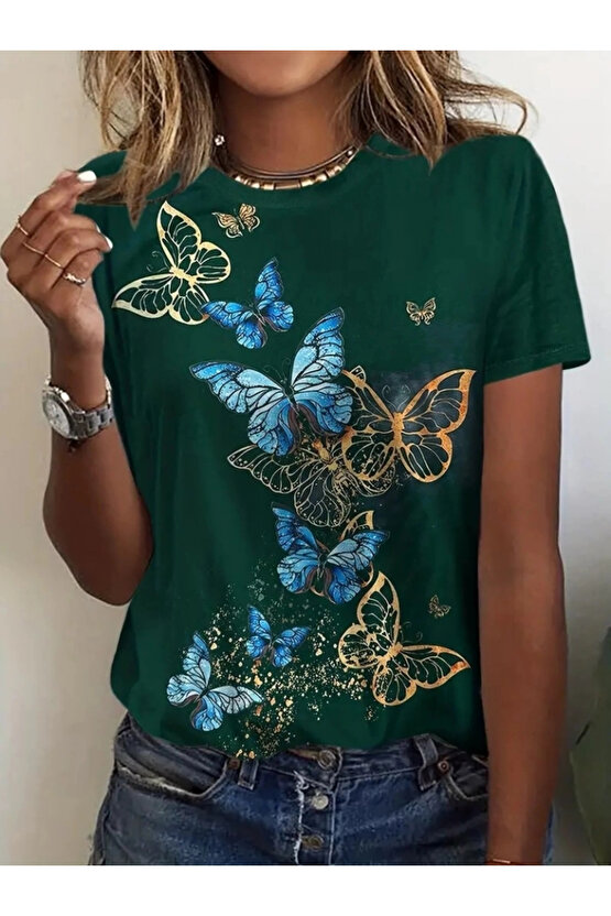 Kadın Kısa Kollu Mavi Sarı Kelebek Baskı Süprem T-shirt