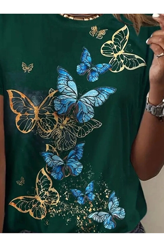 Kadın Kısa Kollu Mavi Sarı Kelebek Baskı Süprem T-shirt