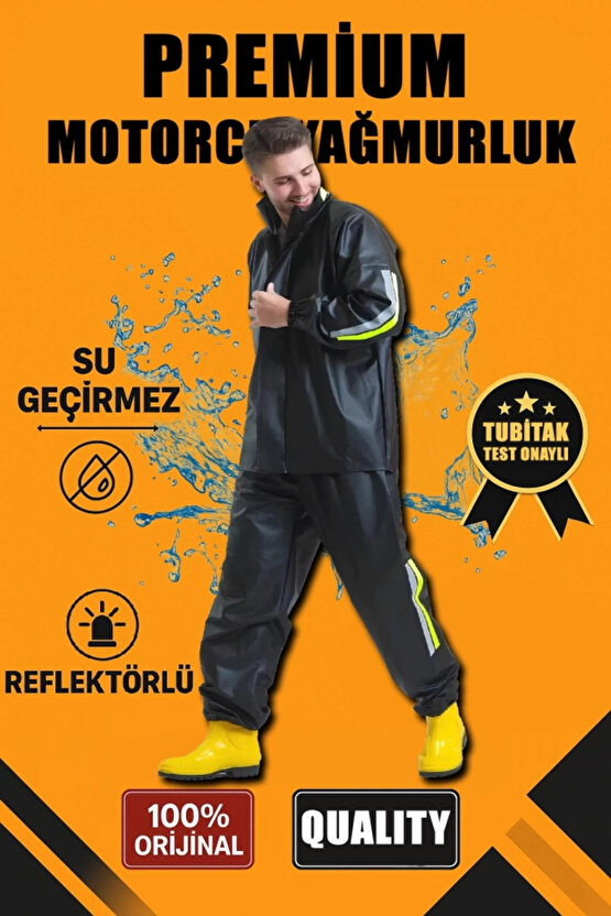 MDB Premium otorcu Kurye Yağmurluk Takım u Geçirmez PVC Kumaş Reflektörlü TÜBİTAK Onaylı iyah