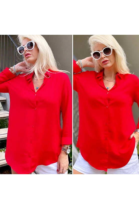 Dokuma Viskon KumaşEfsane Basic GömlekKırmızı12 Renk 9 Bedenön 62Arka Orta Kısım 70 Cm