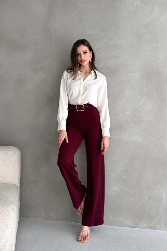 Kadın Yüksek Bel Krep Kumaş Full Likralı Ispanyol Paça Kemer Dahil Pantolon