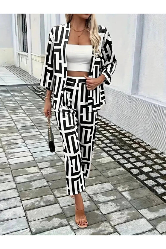 MDB Kadın Uzun Kollu önü Açık Desenli Iki Iplik Ceket Ve Pantolon Ikili Takım