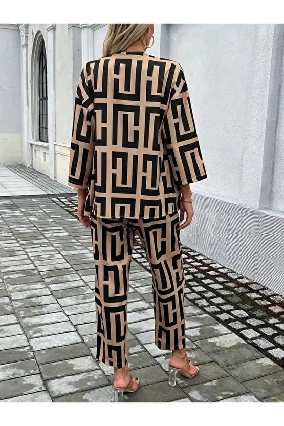 Kadın Uzun Kollu önü Açık Desenli Iki Iplik Ceket Ve Pantolon Ikili Takım