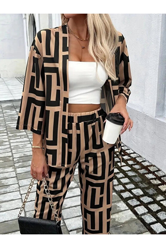 Kadın Uzun Kollu önü Açık Desenli Iki Iplik Ceket Ve Pantolon Ikili Takım