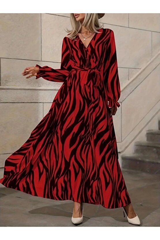 Kadın Uzun Kollu Kruvaze Yakalı Kuşaklı Zebra Desenli Süprem Maxi Elbise