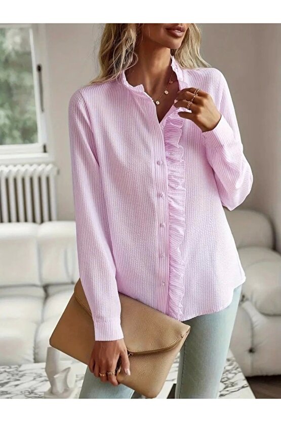 Kadın Uzun Kollu Fırfır Yakalı önden Düğmeli çizgili Burgu Gömlek