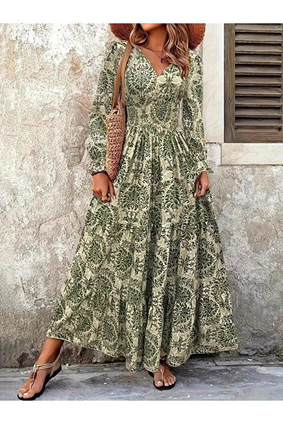 Kadın Uzun Kollu V Yakalı Desenli Süprem Elbise