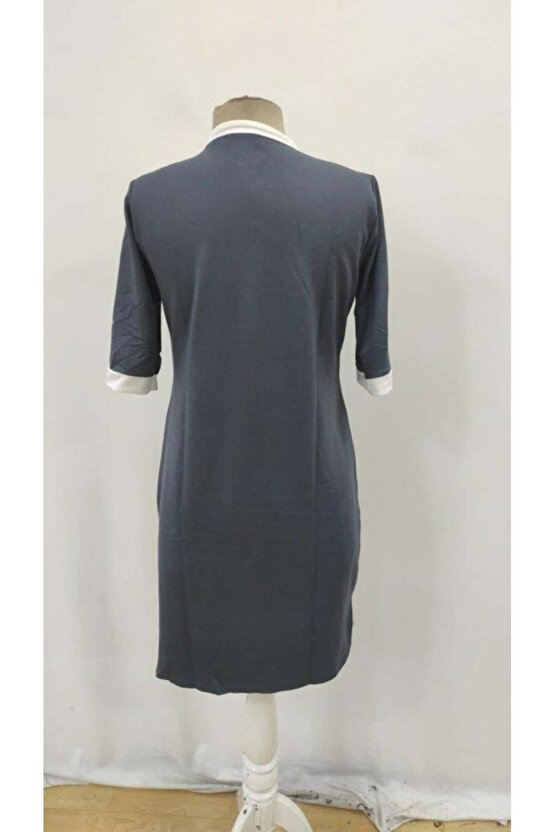 Kadın Kısa Kollu Yakadan Fermuarlı Cepli Yandan Yırtmaçlı Viskon Elbise