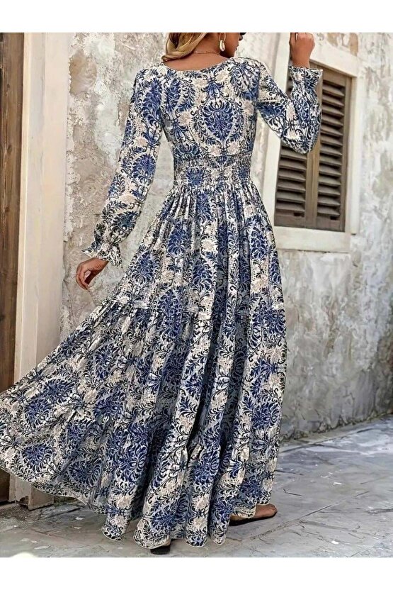 Kadın Uzun Kollu V Yakalı Desenli Süprem Elbise