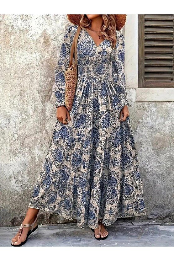 Kadın Uzun Kollu V Yakalı Desenli Süprem Elbise