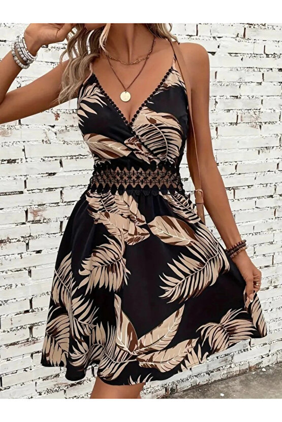 MDB Kadın Ip Askılı Kruvaze Yakalı Desenli Mini Süprem Mini Elbise