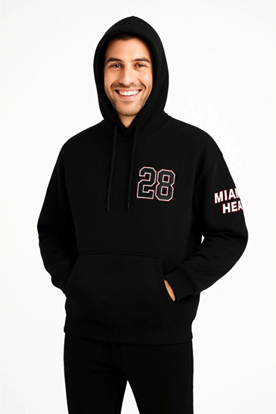 EQURİ Üç İplik Kapüşonlu Ön Ve Arka Baskılı SweatShirt Hoodie - Siyah