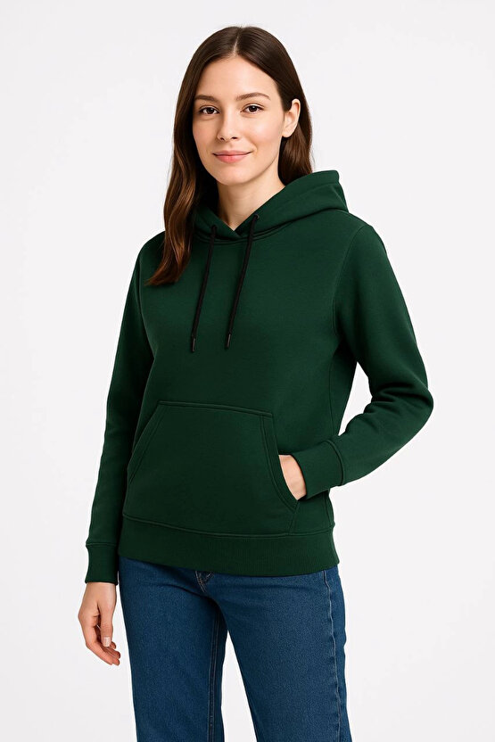 Kadın Üç İplik Kapüşonlu Kanguru Cepli Sweatshirt hoodie - Haki