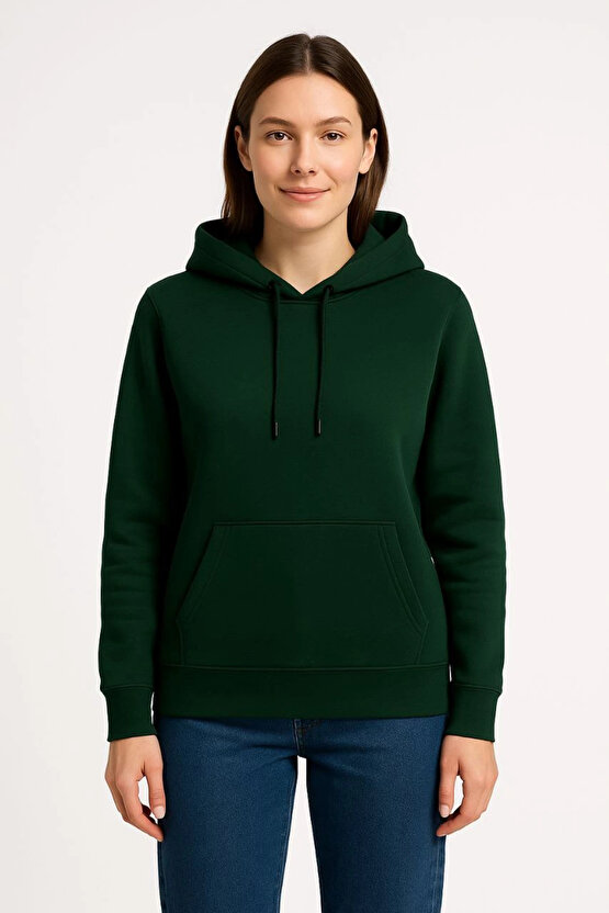 Kadın Üç İplik Kapüşonlu Kanguru Cepli Sweatshirt hoodie - Haki