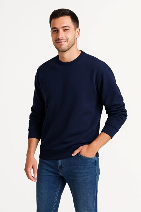 Bupel Erkek Üç İplik Düz Bisiklet Yaka SweatShirt - Lacivert